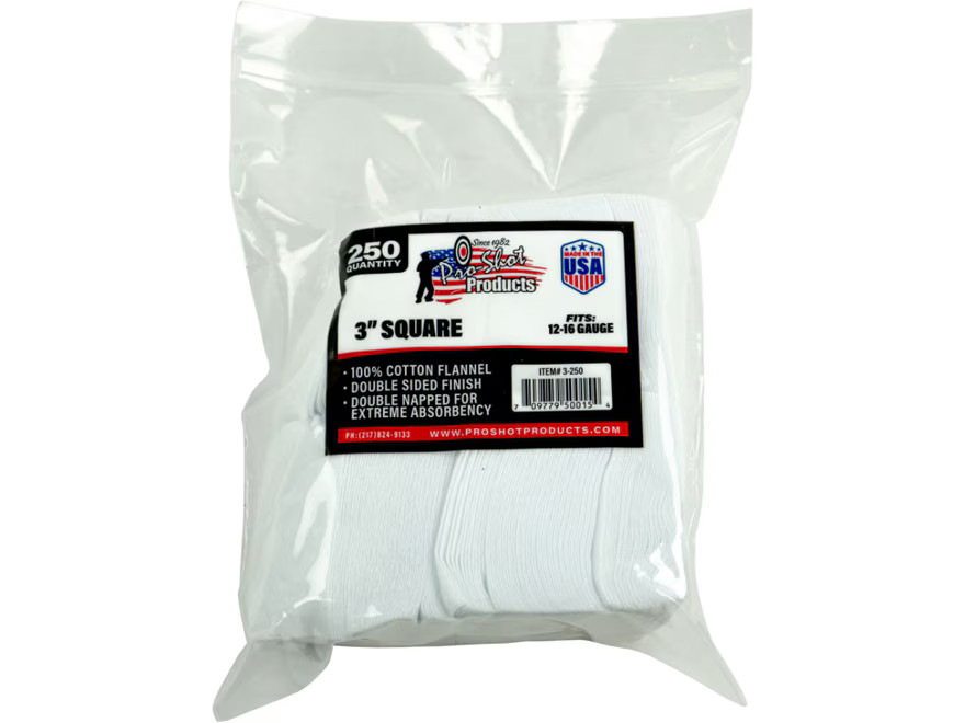 Pro-Shot Gun Cleaning Patches 45 Caliber 12, 16 Gauge Square Cotton 250PK