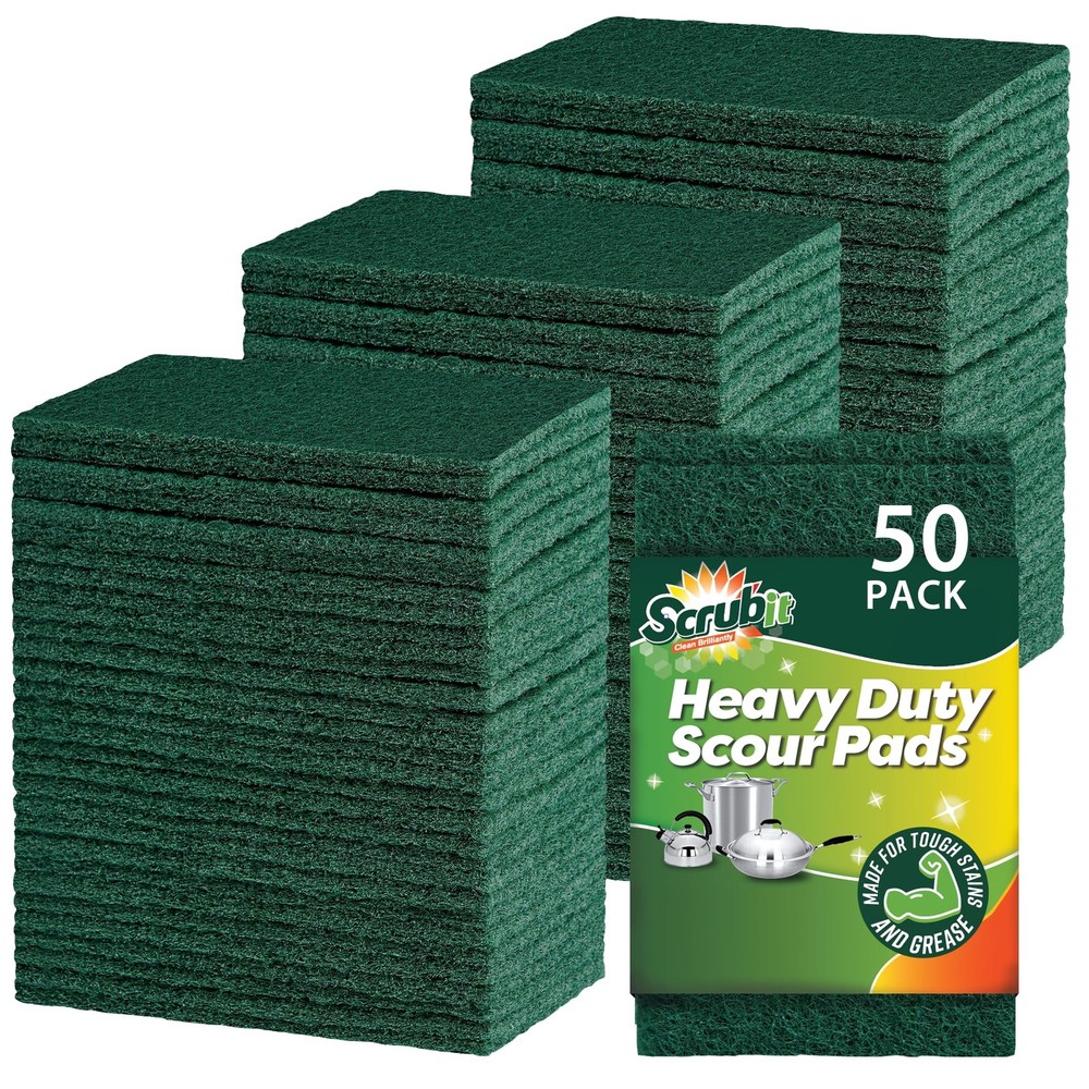SCRUBIT Heavy Duty Non-Scratch Reusable Green Scouring Pads – 50 Pack
