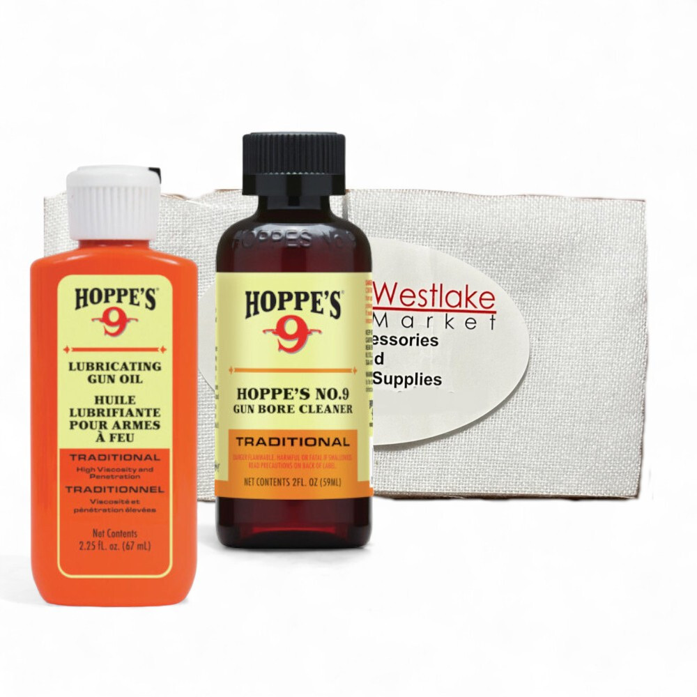 Hoppes Gun Cleaning Bore Cleaner & Lube Oil w/40-50 with Cotton Patches 9mm – 45