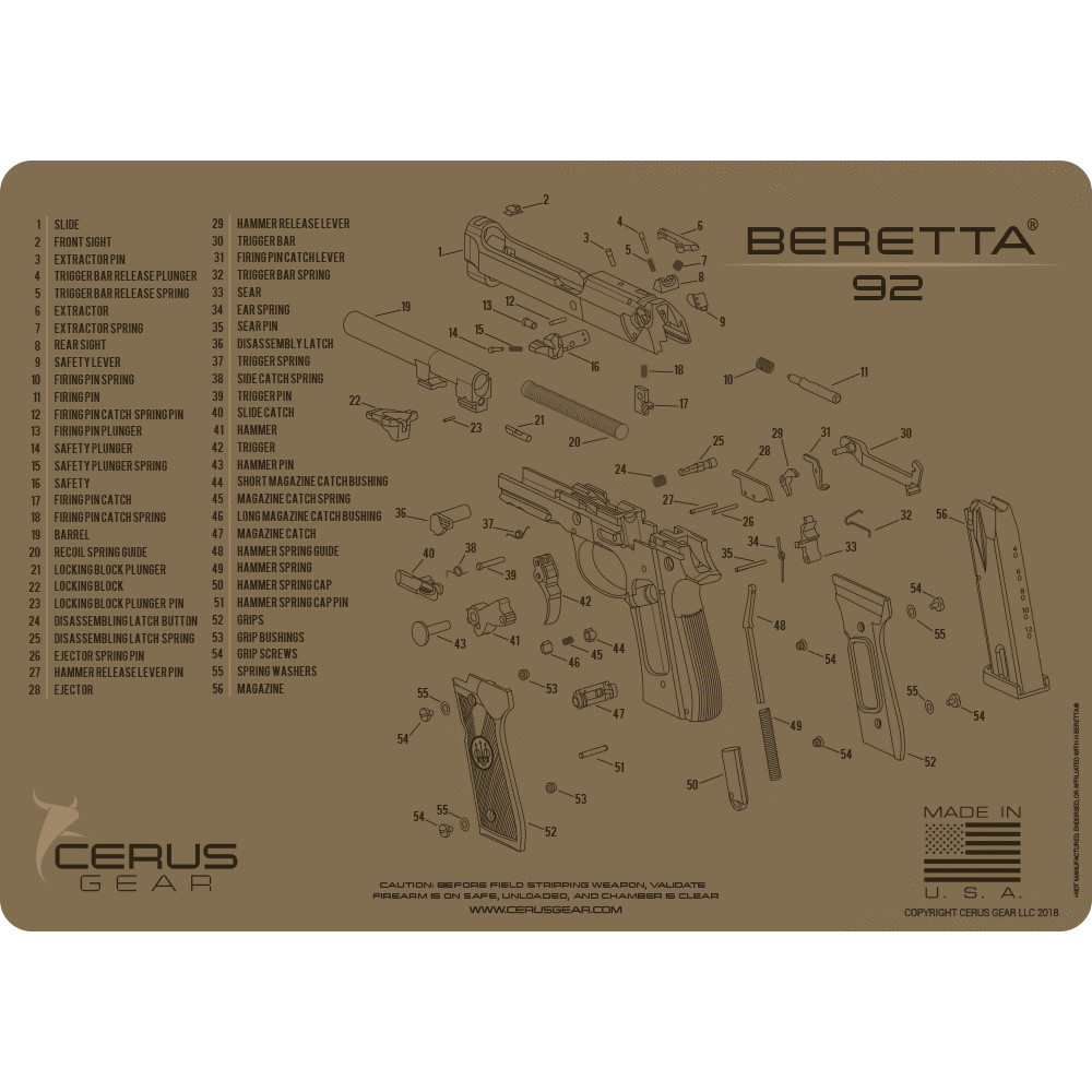 For Beretta 92 Armorers Cleaning Bench Mat Cerus Gear FDE PREMIUM Made In USA