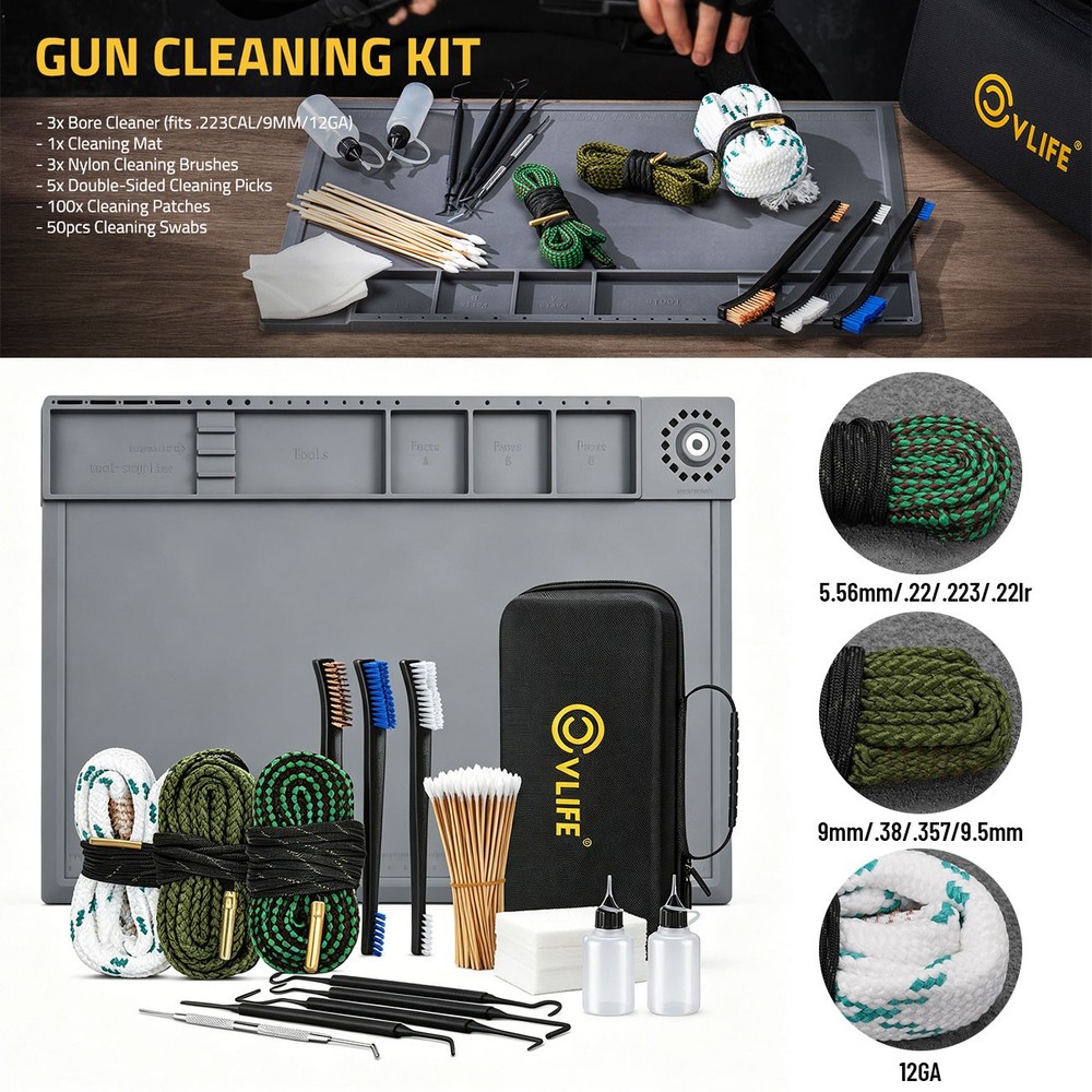 ALL IN 1 Gun Cleaning Supplies Rifle Pistol Shotgun Firearm Cleaning Kit w/ Mat