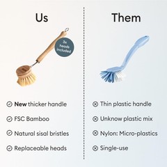 Vove Bamboo Dish Brush – 3x Replacement Heads – FSC Certified Natural Fiber