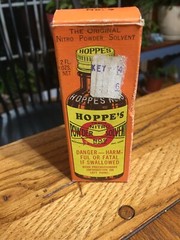 VINTAGE HOPPE’S NITRO POWDER SOLVENT #9 GLASS BOTTLE & ORIGINAL BOX HALF FULL