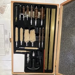 Gun Cleaning Kit Wooden Case Brass Rods Brushes Bore Mop Cloth Jag Set