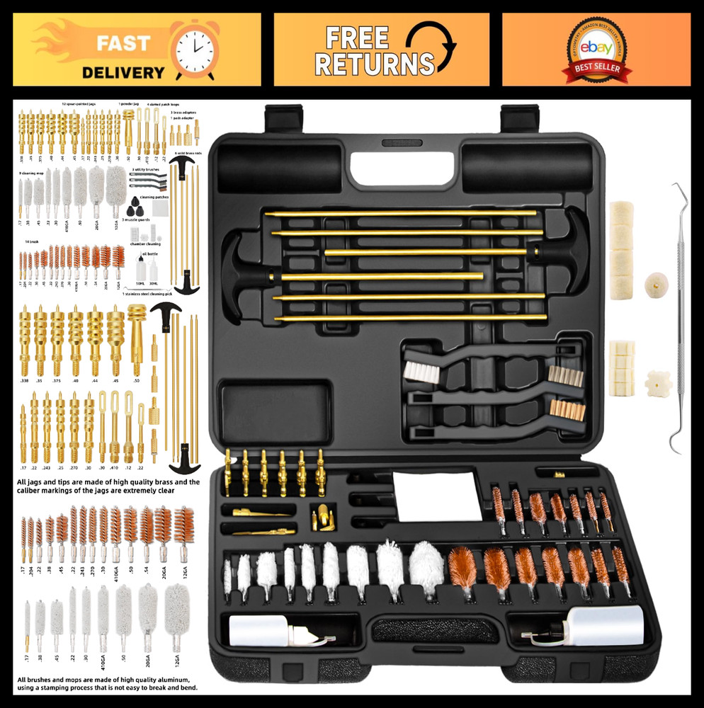 Universal Gun Cleaning Kit for All Calibers – Rifle, Pistol & Shotgun Brushes, B
