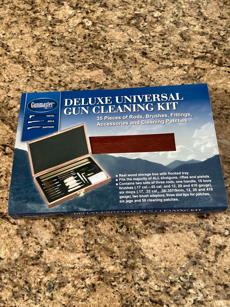 35pc Deluxe Universal Gun Cleaning Kit (New) in Wood Case. Gunmaster Dac Technol
