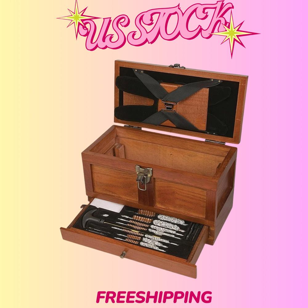 NEW 25 Piece Universal Gun Cleaning Kit Wood Tool Chest .22 Cal & Up