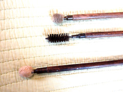 EARLY OAK SHOTGUN CLEANING RODS,COPPER BRUSH ,2 WOOL SWABS,INTERCHAGEABLE