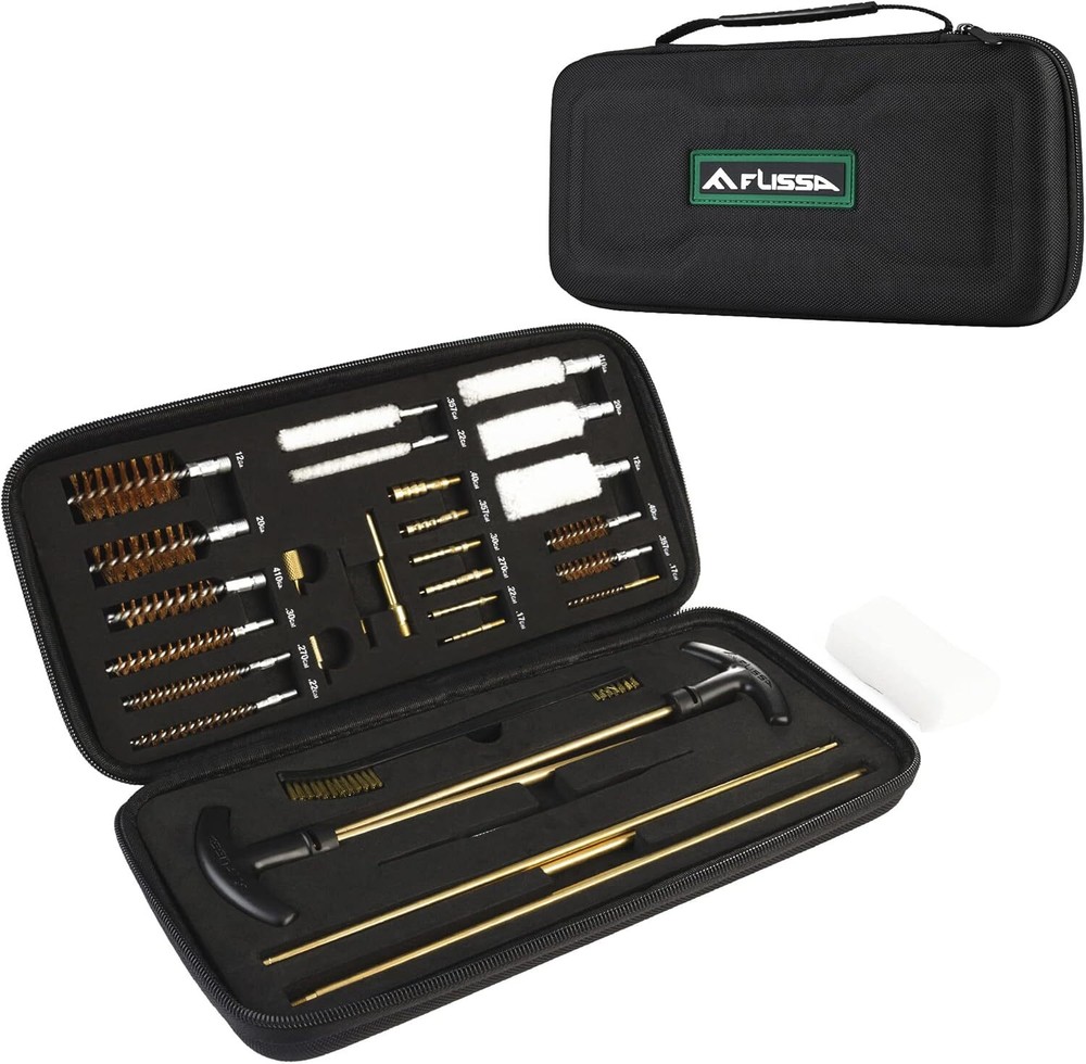 Gun cleaning kit with brass rod, brush, mop, cleaning bag and carrying case