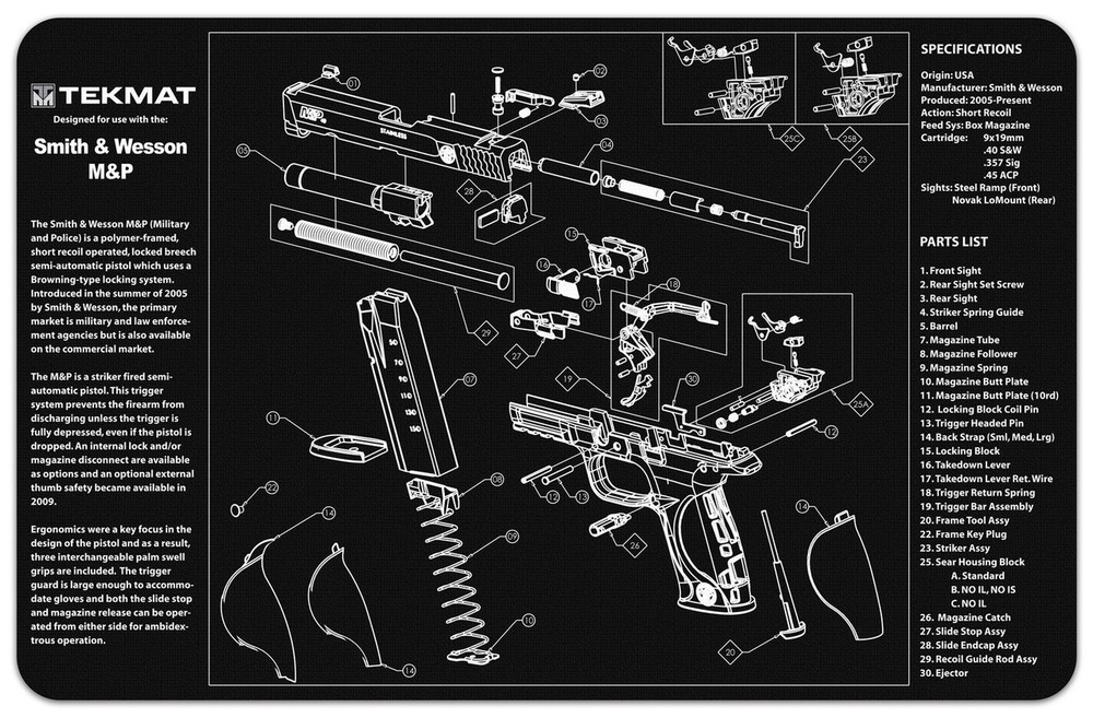 Illustrated Gun Cleaning and Repair Mat for Smith and Wesson, Neoprene Rubber