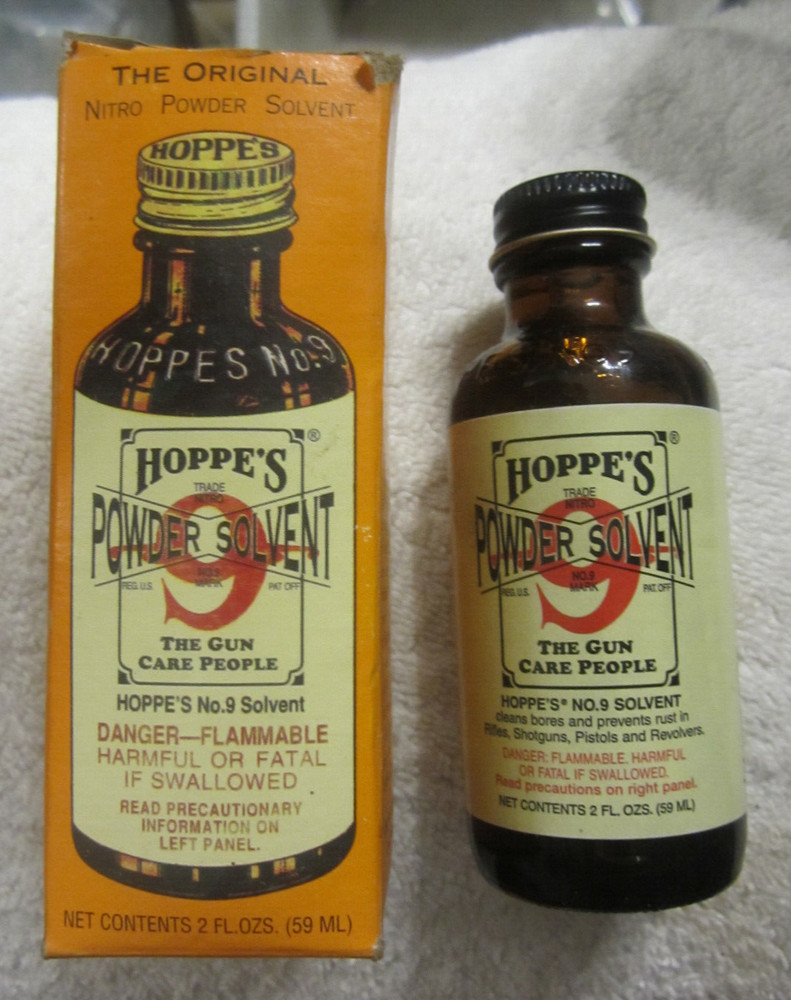 # 9 ad Hoppe’s No. 9 Nitro Powder Solvent 2 oz Bottle W/ Box,90% full VTG