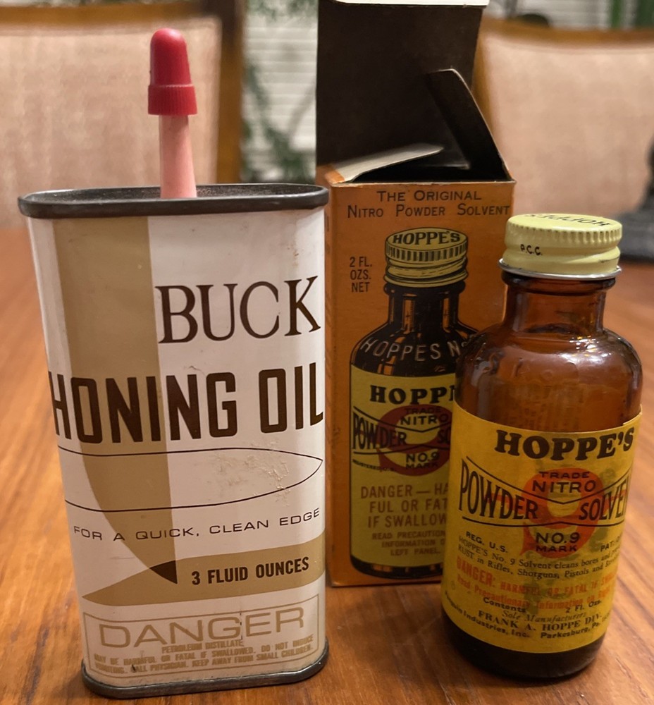 Vintage Hoppe’s Powder Solvent and Buck Honing Oil
