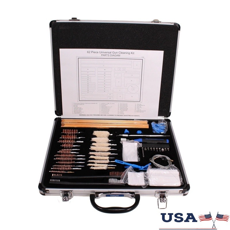 62 Piece Universal Gun Cleaning Kit Deluxe Aluminum Case Pistol Rifle Shotgun US