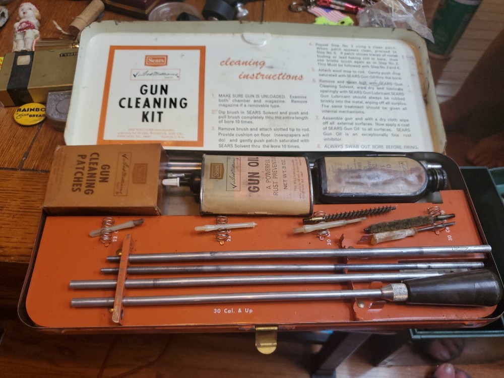 Vintage Ted Williams Rifle Cleaning Kit by Sears. Orange Metal Case. Orig. 1960s