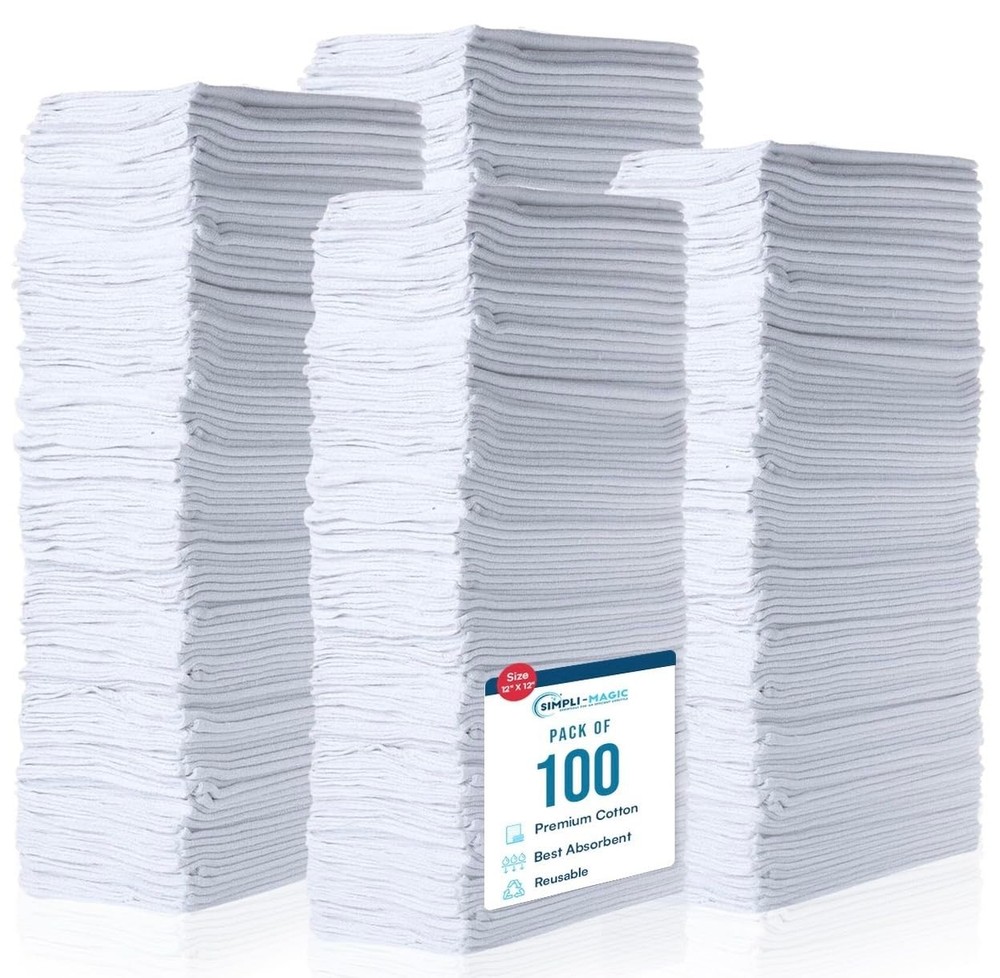 SIMPLI-MAGIC Cotton Shop Towels 14×12 100 Pack Reusable Cleaning Rags Auto