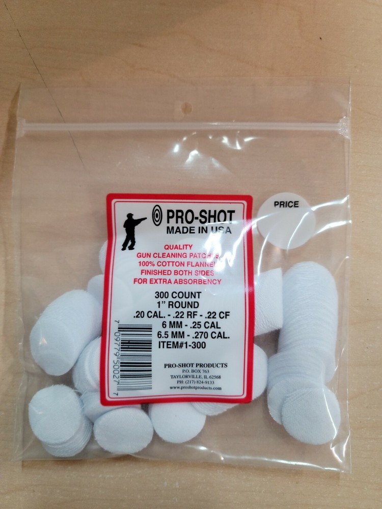 Pro-Shot Cleaning Patches, Cotton, 300 Per Pack 20 cal -270 cal. Mpn 1-300 NEW!