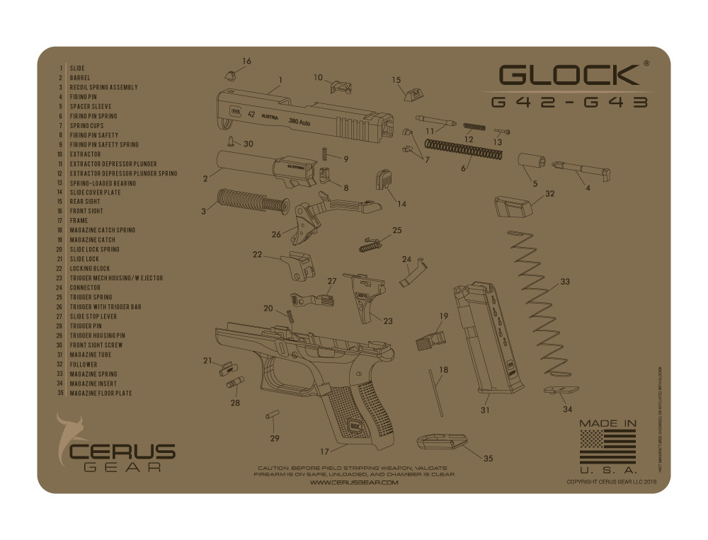 For Glock 42 43 Armorers Cleaning Mat Cerus Gear PREMIUM Made in USA FDE