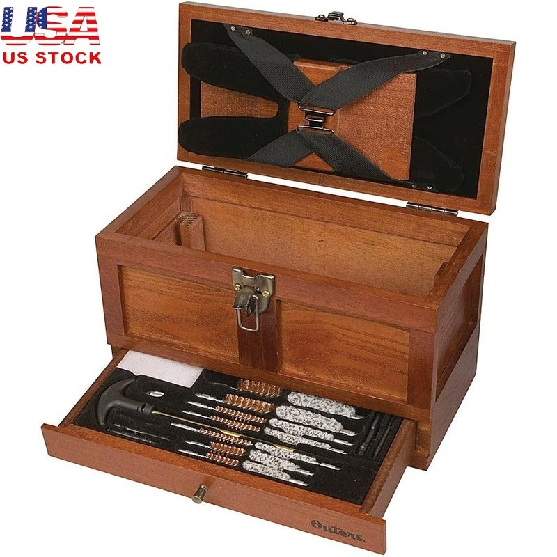 Universal 25 Piece Wood Gun Cleaning Tool Box W/ Brass Rods & Organizers New