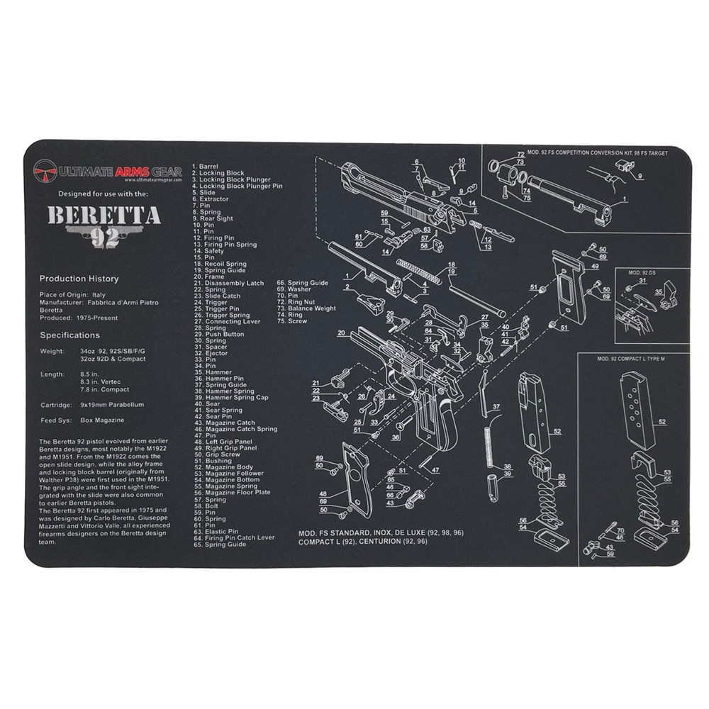 Ultimate Arms Gear Firearm Work/Cleaning Mat Compatible with Beretta 92 Pistols