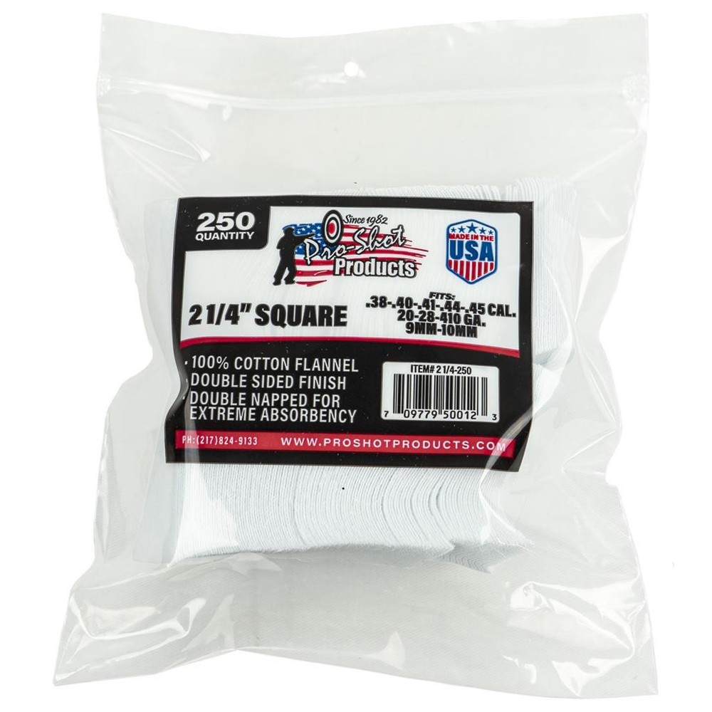 Pro-Shot Gun Cleaning Patches Cotton for 9mm – 45 Caliber Pistols 2 1/4 Inch 250