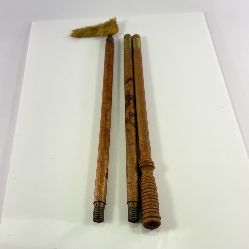 Antique 3 Piece Wood Gun Shotgun Cleaning Rod Brass Fittings Many Jags Brushes
