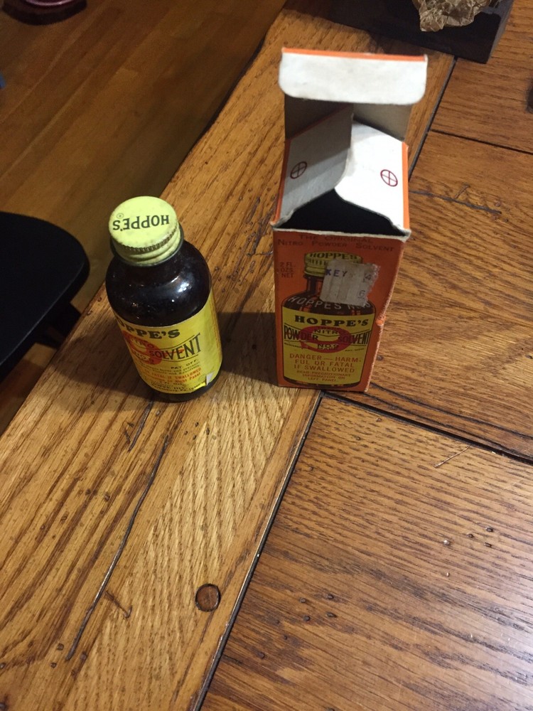 VINTAGE HOPPE’S NITRO POWDER SOLVENT #9 GLASS BOTTLE & ORIGINAL BOX HALF FULL