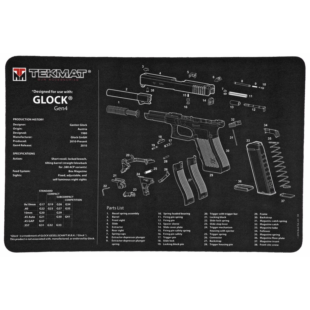 TekMat TEKR17GLOCKG4 Glk Gen4 Cleaning Mat Black/White Rubber 11″x17″ Gck Gen4 P