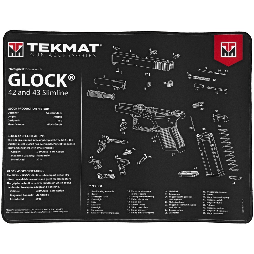 TekMat TEKR20GLOCK4243 Glk 42/43 Ultra 20 Cleaning Mat Black/White Rubber 15″x20
