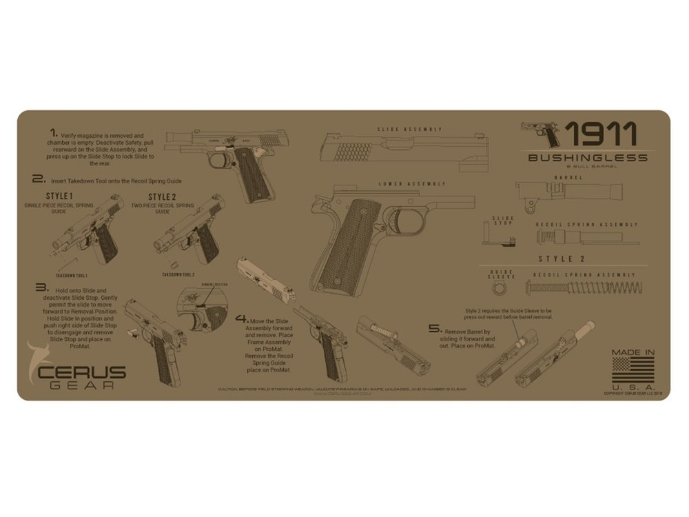 Cerus Gear 1911 Instructional Promat, Coyote Brown – Gun Cleaning Mat