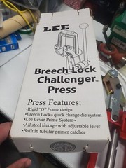 box of gun supplies breech lock challenger press, Die sets, powder trickler,