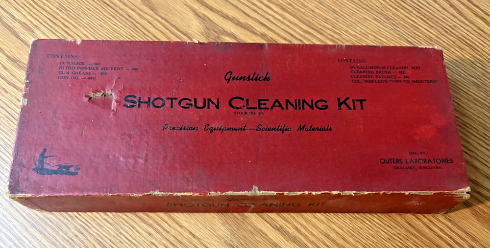 VTG. GUNSLICK SHOTGUN CLEANING KIT #178 & CONTENTS RAMROD, GREESE, PATCHES, LUBE