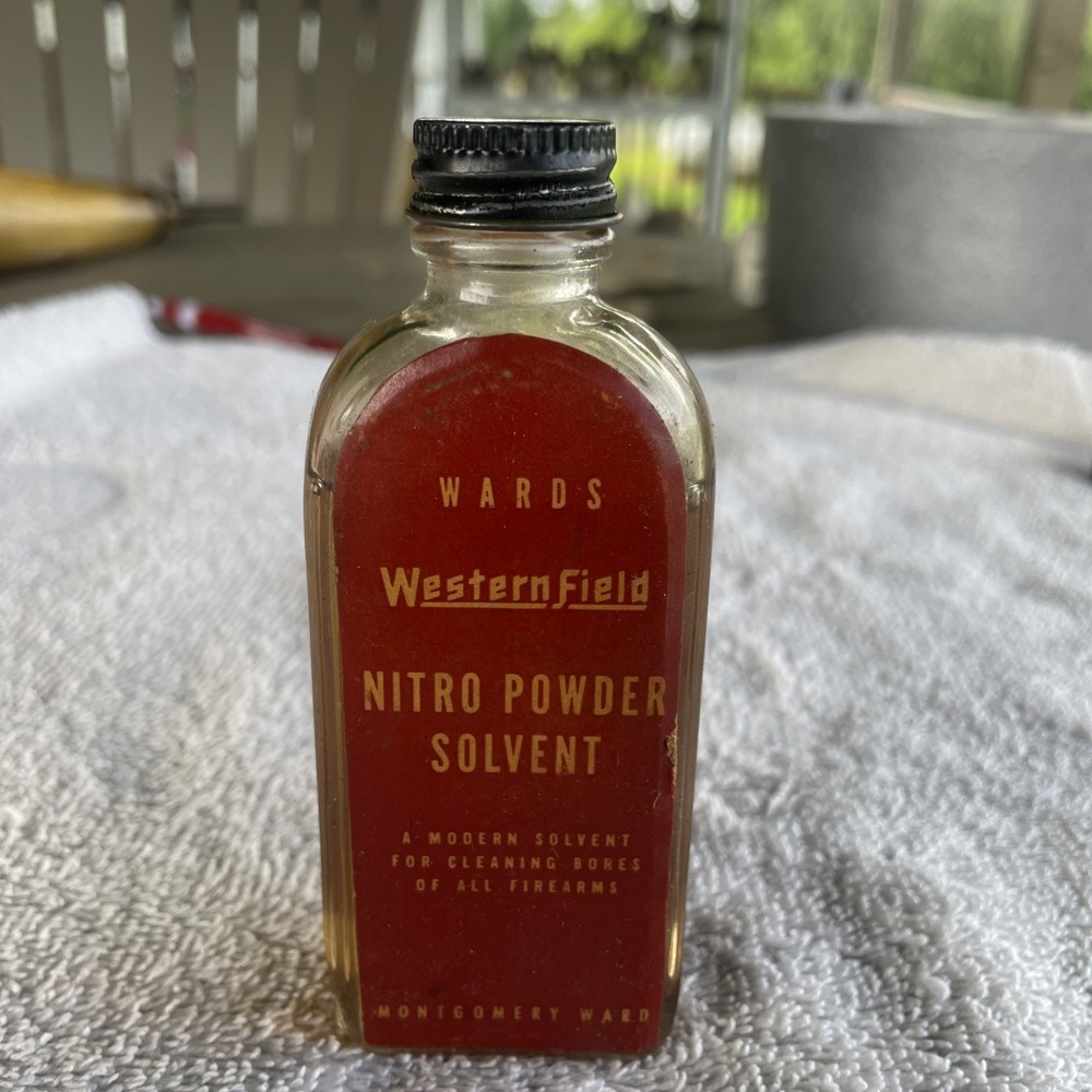 Montgomery Wards Western field Nitro Powder Solvent Bottle Nice! 3/4 Full