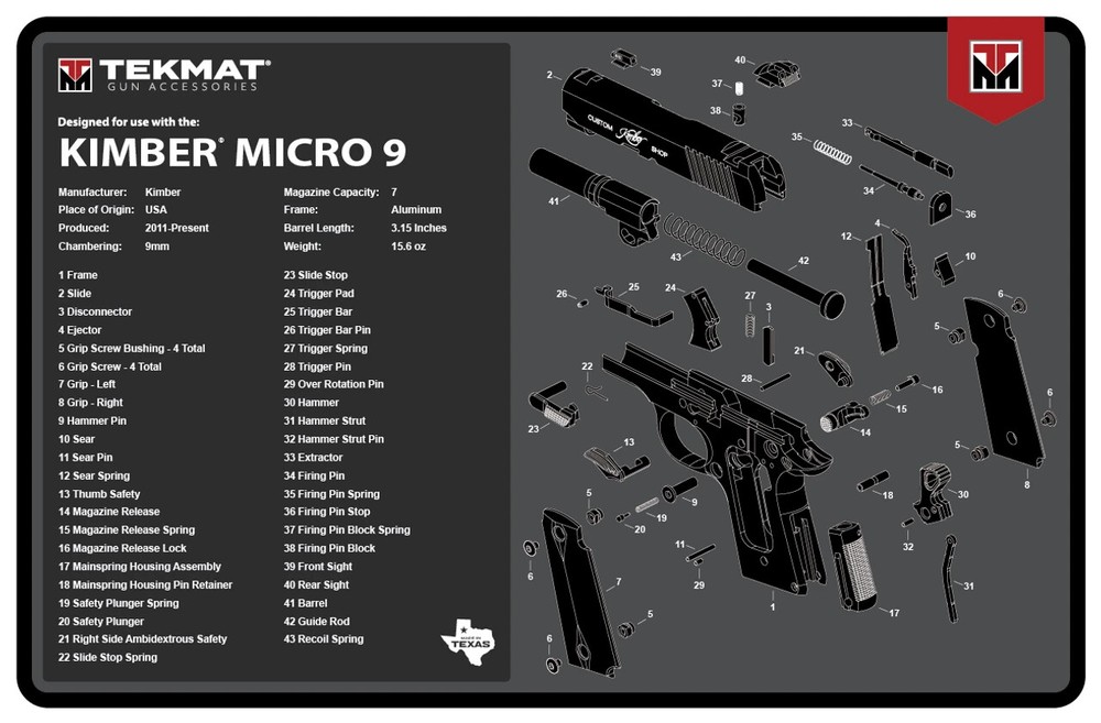 Illustrated Gun Cleaning and Repair Mat for Kimber Micro 9, 11×17 Neoprene