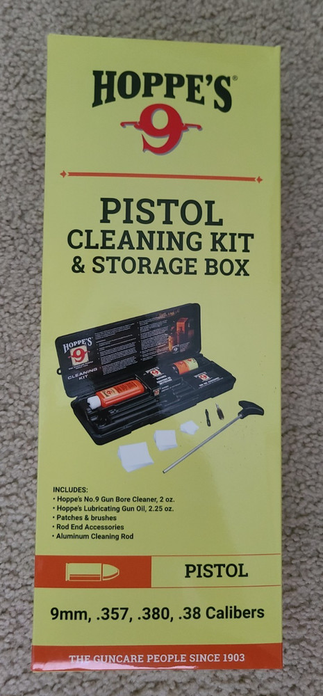 HOPPES 9 PISTOL CLEANING KIT & STORAGE BOX 9mm 357 380 38 CALIPERS