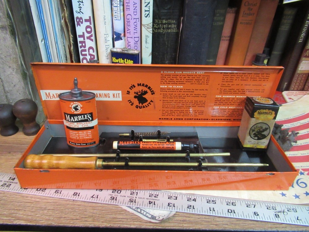 Vintage Marbles Gun Cleaning Kit NITRO SOLVENT LEAD TOP Oil Tin Pad Box Full ROD