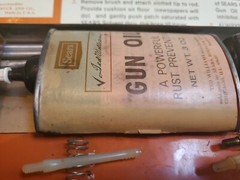 Vintage Ted Williams Rifle Cleaning Kit by Sears. Orange Metal Case. Orig. 1960s