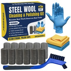 6Pcs Steel Wool Pads Set with Brush, Microfiber Cloths & Nitrile Gloves for Clea