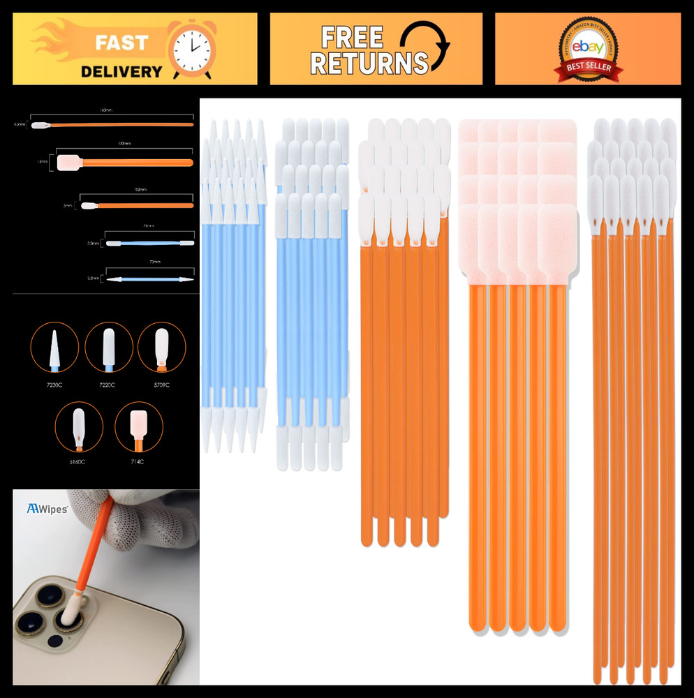 100 Pack Foam Tip Cleaning Swab Kit – 5 Types for Printers, Cameras, Arts & Craf
