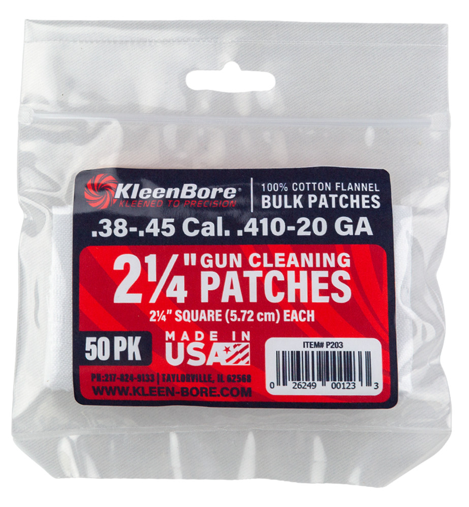 KleenBore P203 Super Shooter Cotton Patches .38/.45 20/.410 Ga 50 Pack