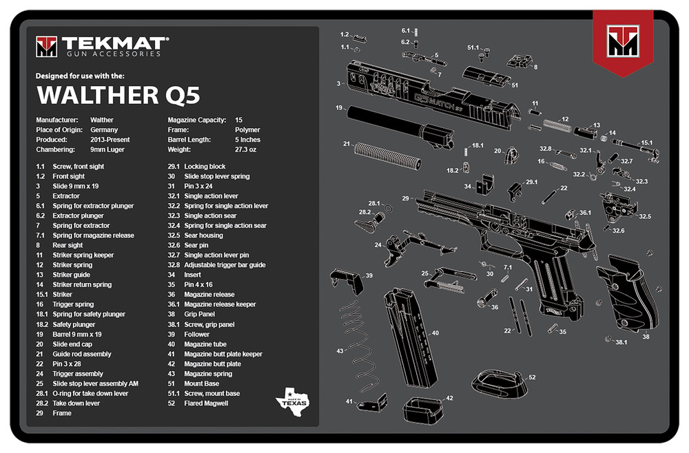 TekMat TEKR17WALQ5SF Walther Q5 SF Cleaning Mat Black/Gray Rubber 11″x17″ Walthe
