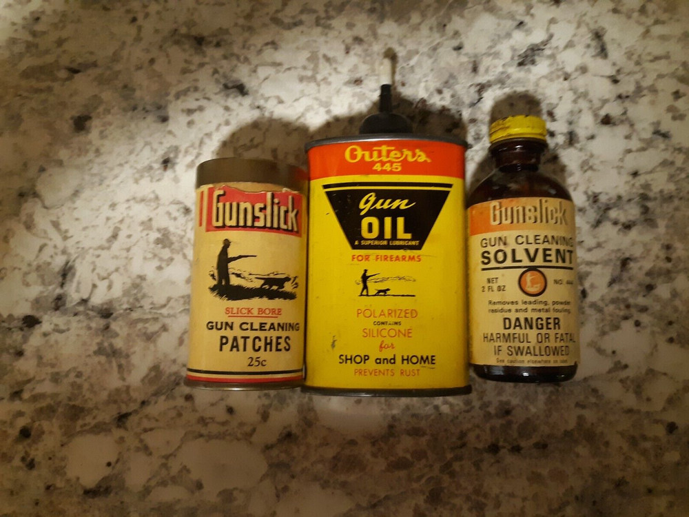 Vintage Outers Gunslick Full Solvent Bottle, .223/.270 Patches and Full Oil Tin