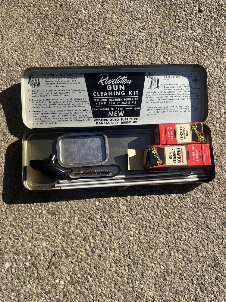 Vintage Metal Revelation 30 Caliber Rifle Cleaning Kit Solvent Bottle 1/2 Full