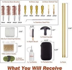 Gun Cleaning Kit 19 in 1 with Special 9mm Handgun Snake .22 .38 9mm .40 .45 Cali