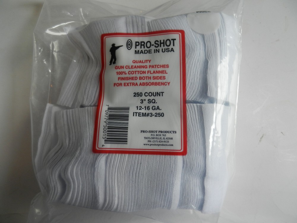 Pro-Shot, Pro Shot Cotton Gun Cleaning 250 Patches; 12-16 Gauge; 3″ x 3″; 3-250