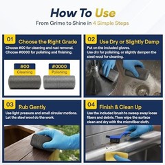 6Pcs Steel Wool Pads Set with Brush, Microfiber Cloths & Nitrile Gloves for Clea