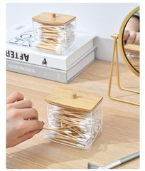 Clear Cotton Swab Storage Box with Bamboo Lid Makeup Swabs Toothpick Organizer