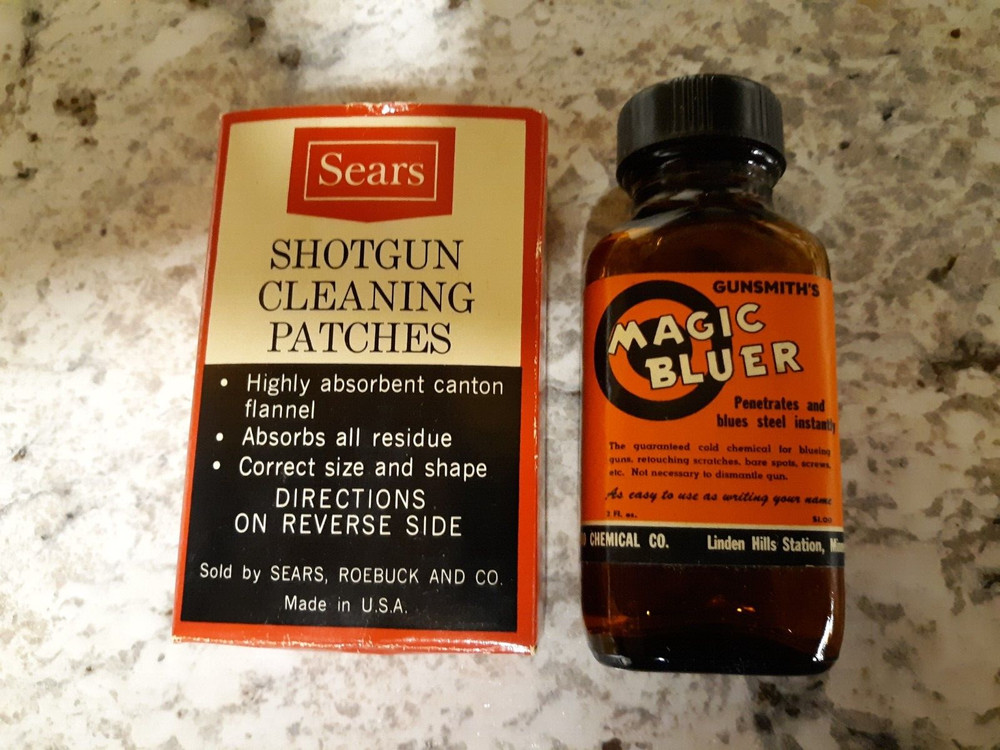 Vintage Sears Roebuck Full Shotgun Cleaning Patches Box and a Magic Bluer Bottle