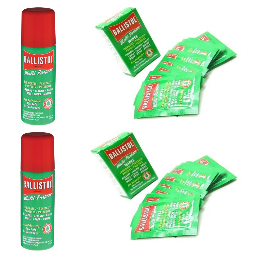 Ballistol Multi Purpose Oil-Lubricant Gun Cleaner 2, 1.5oz Cans & 20 Wipes &