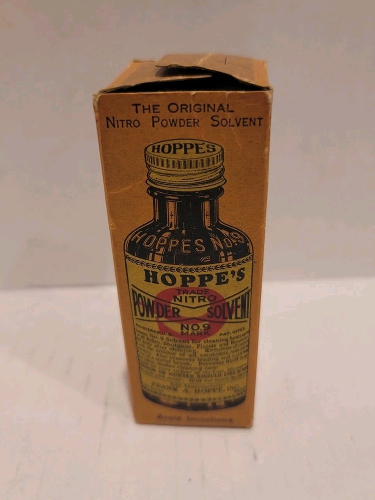 Vintage Hoppe’s No. 9 Nitro Powder Solvent Glass Bottle with Box and Instruction
