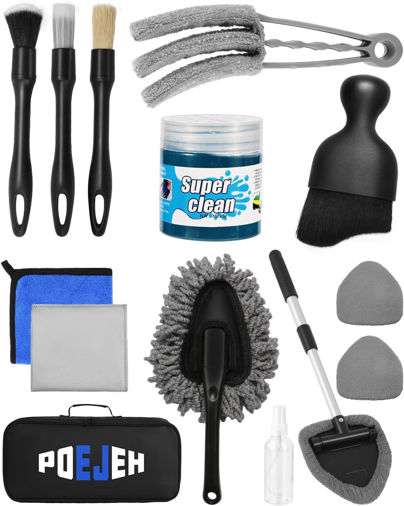 Car Interior Glass Cleaning Kit 3 Graded Boar Brushes 180° Swivel Retractable